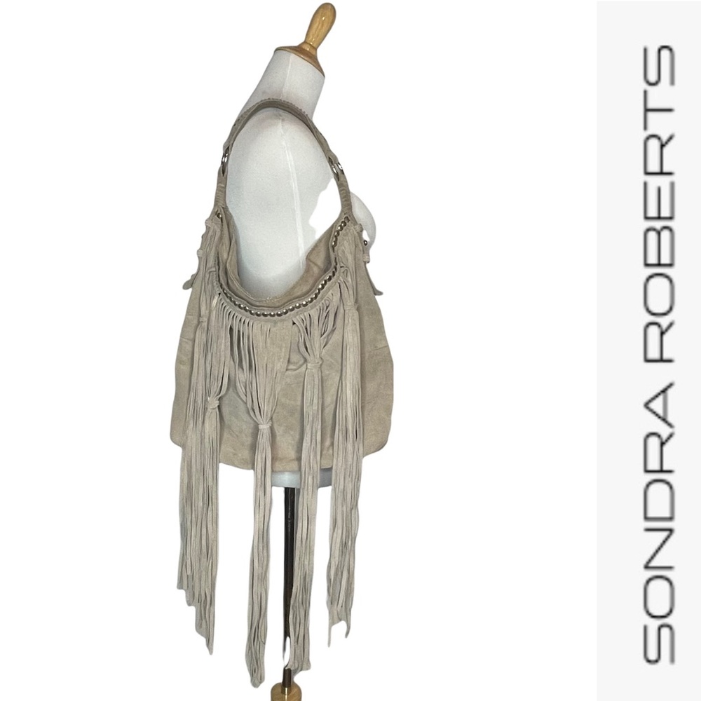 Last Chance….Sondra Roberta Gray Suede Leather Large Fringe Studded Hobo Bag - Picture 3 of 16